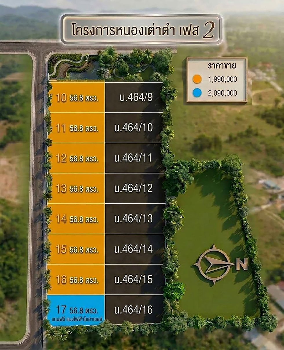 ผังโครงการบ้านหนองเต่าคำ เฟส 2 แปลงที่ 10-17 พร้อมเนื้อที่ บ้านเลขที่ และราคาขาย